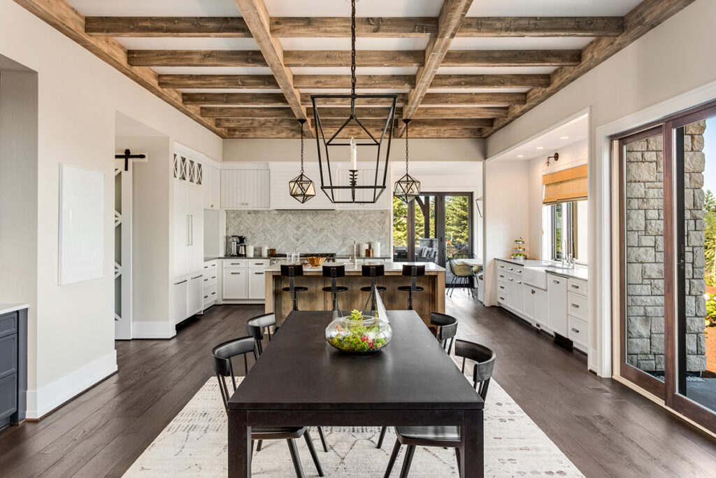 Kitchen with wood beam ceiling