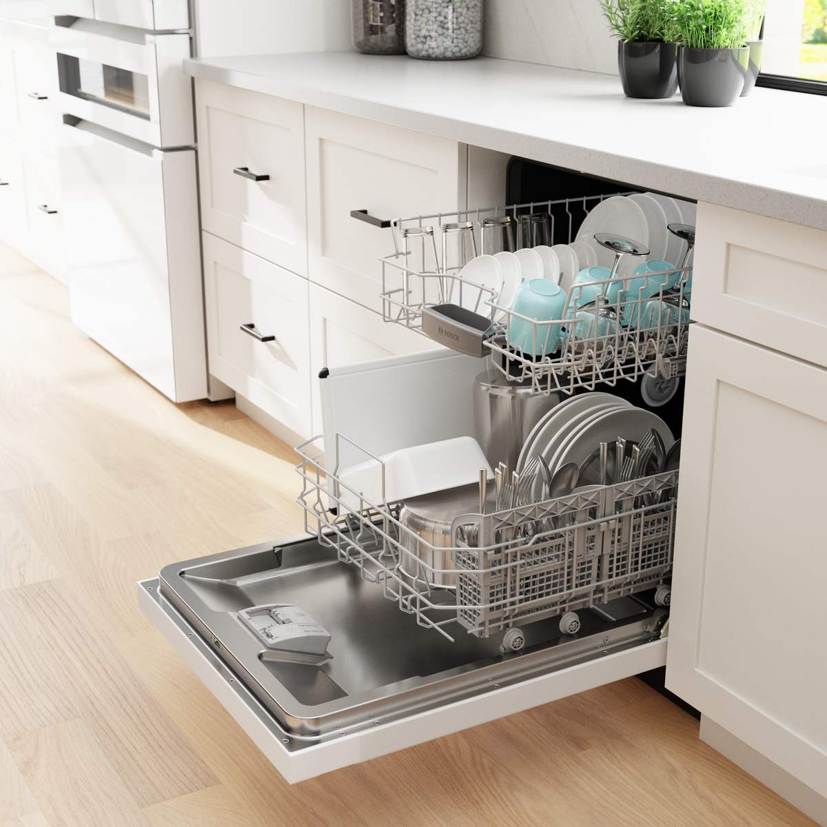 Bosch open dishwasher with clean dishes