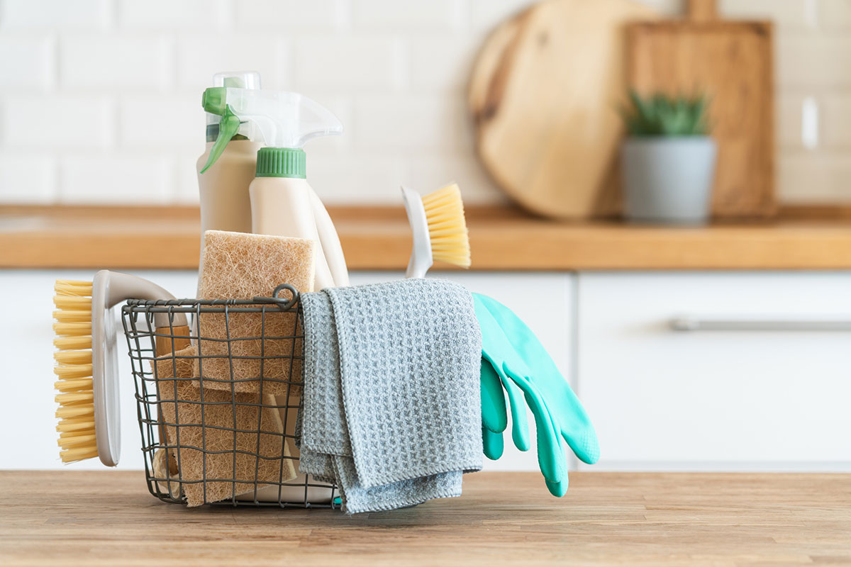 basket of cleaning supplies