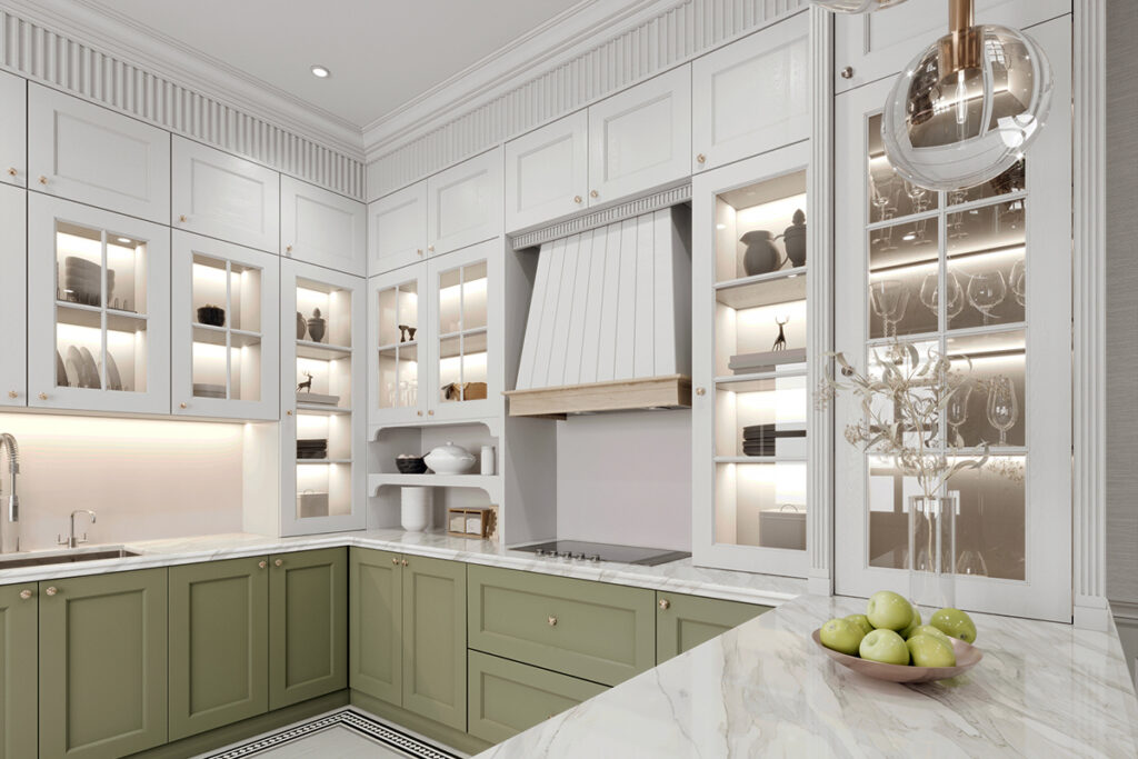 glass front kitchen cabinets with lighting