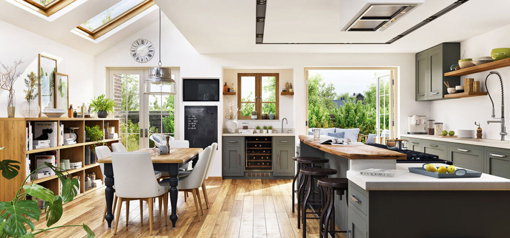 Beautiful modern kitchen interior with living room in new luxury home